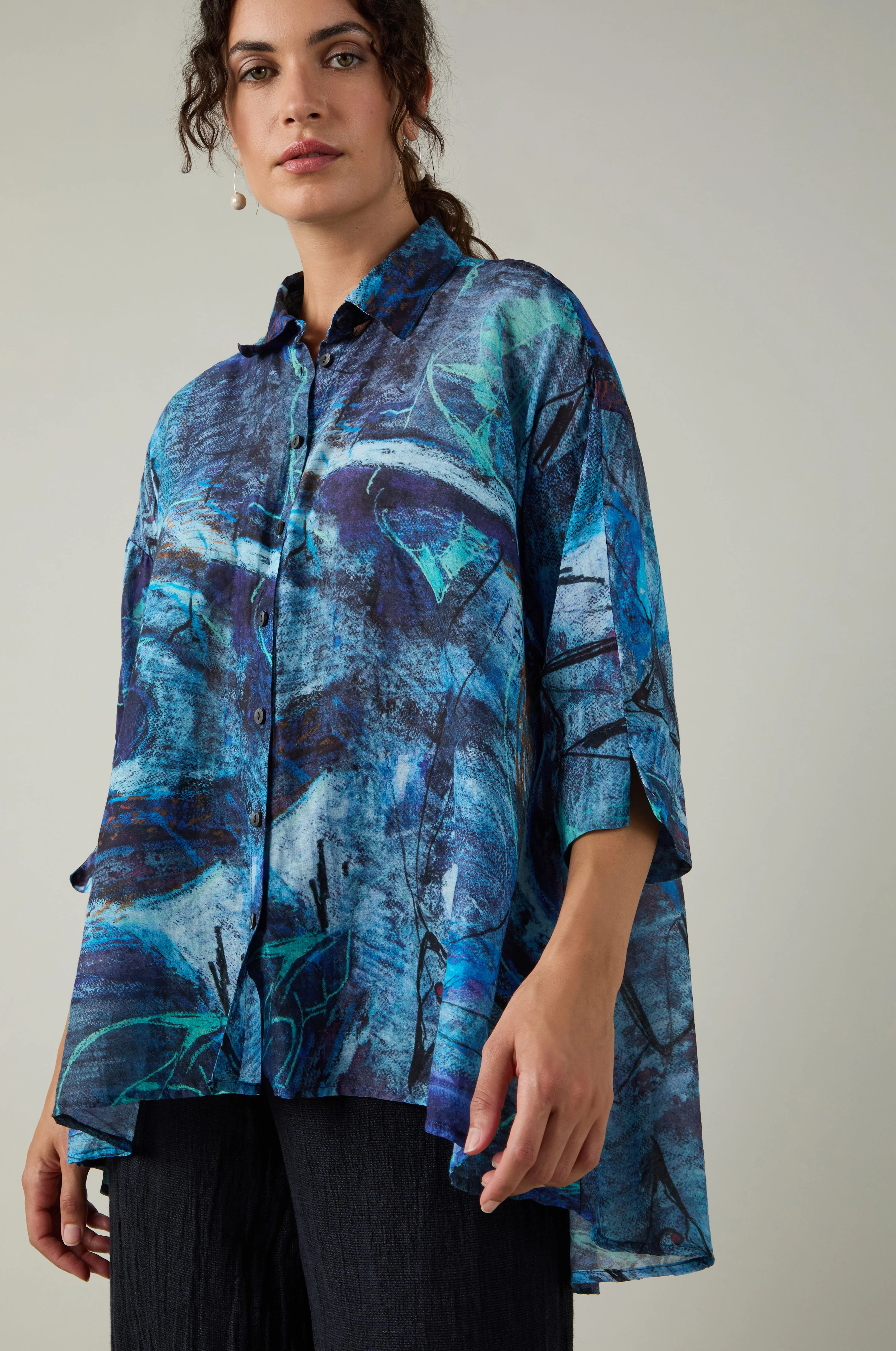 Abstract Print Flared Shirt - Image 2