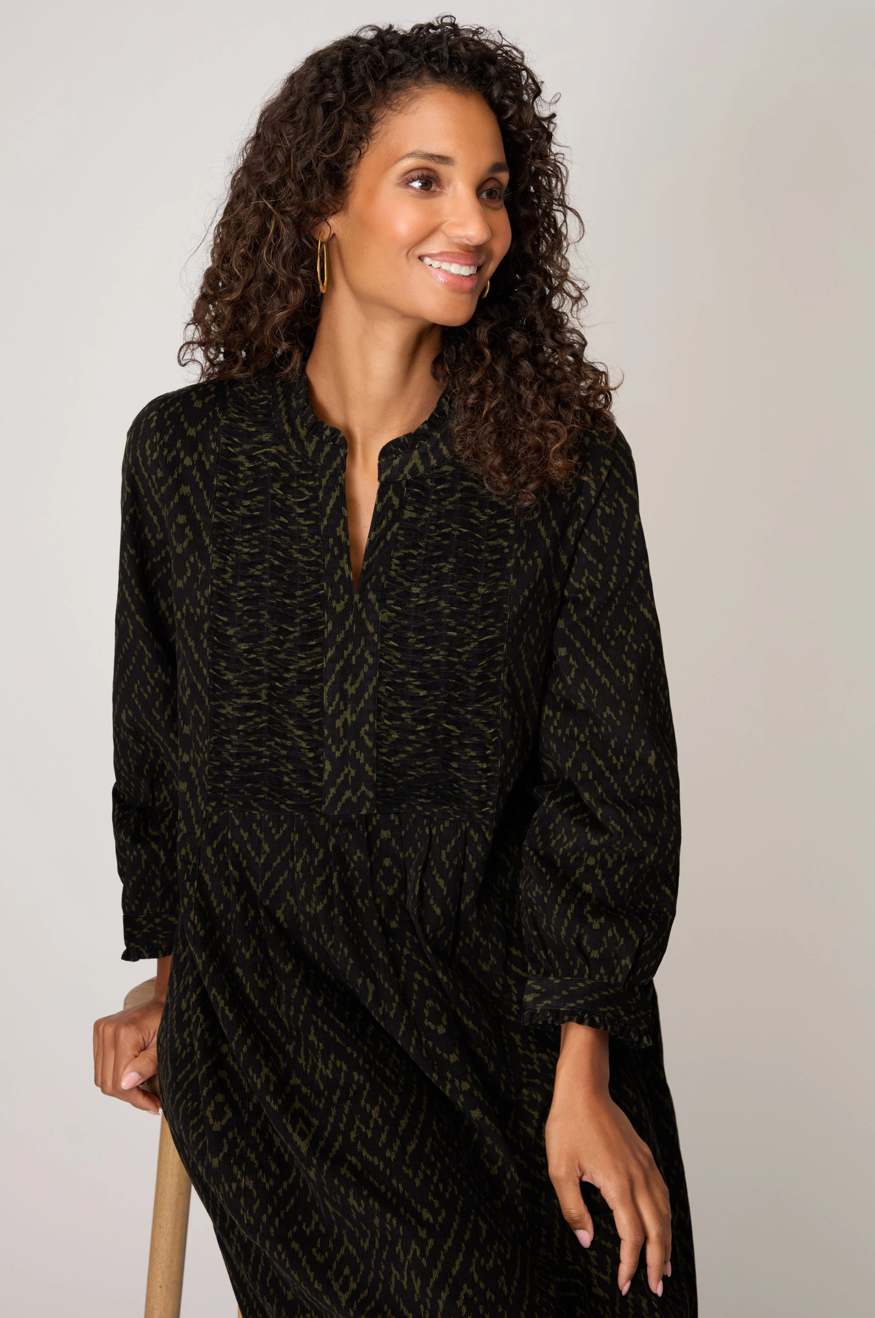 Ornate Textured Black and Khaki Cord Dress - Image 8