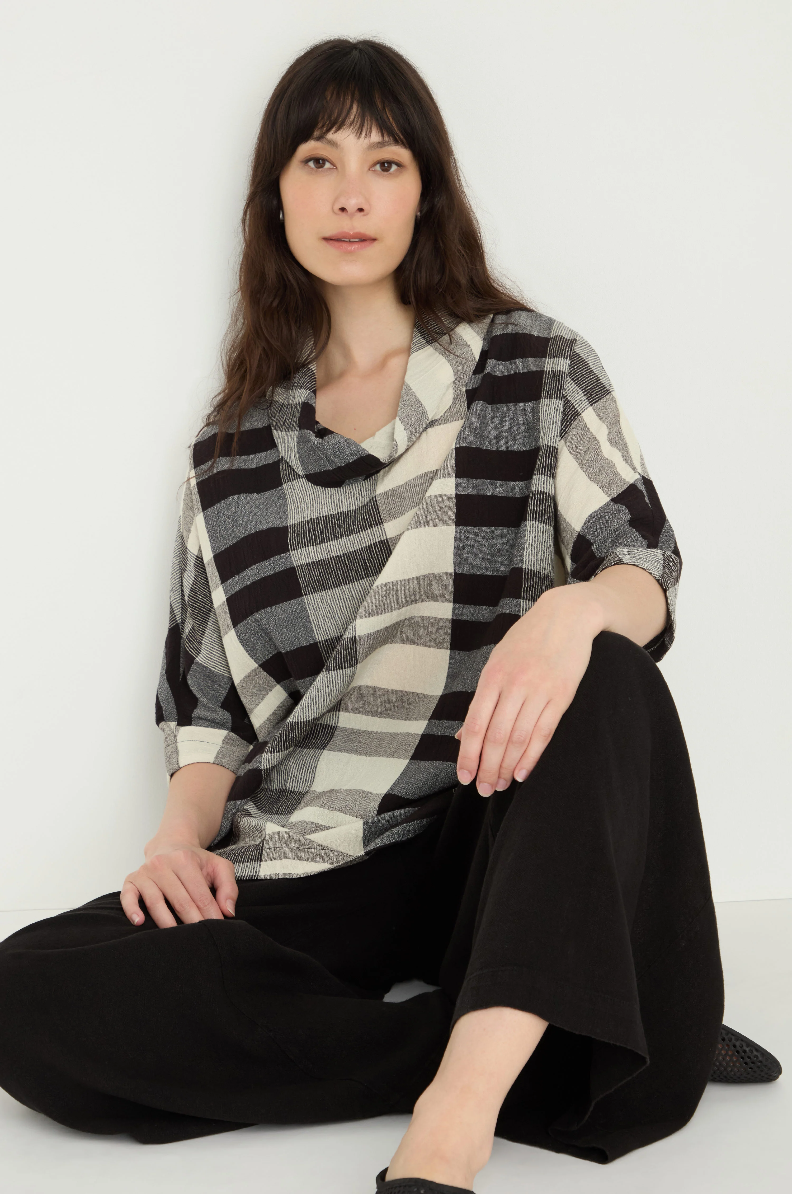 Monochrome Crinkle Check Cowl Neck Top - Image 2