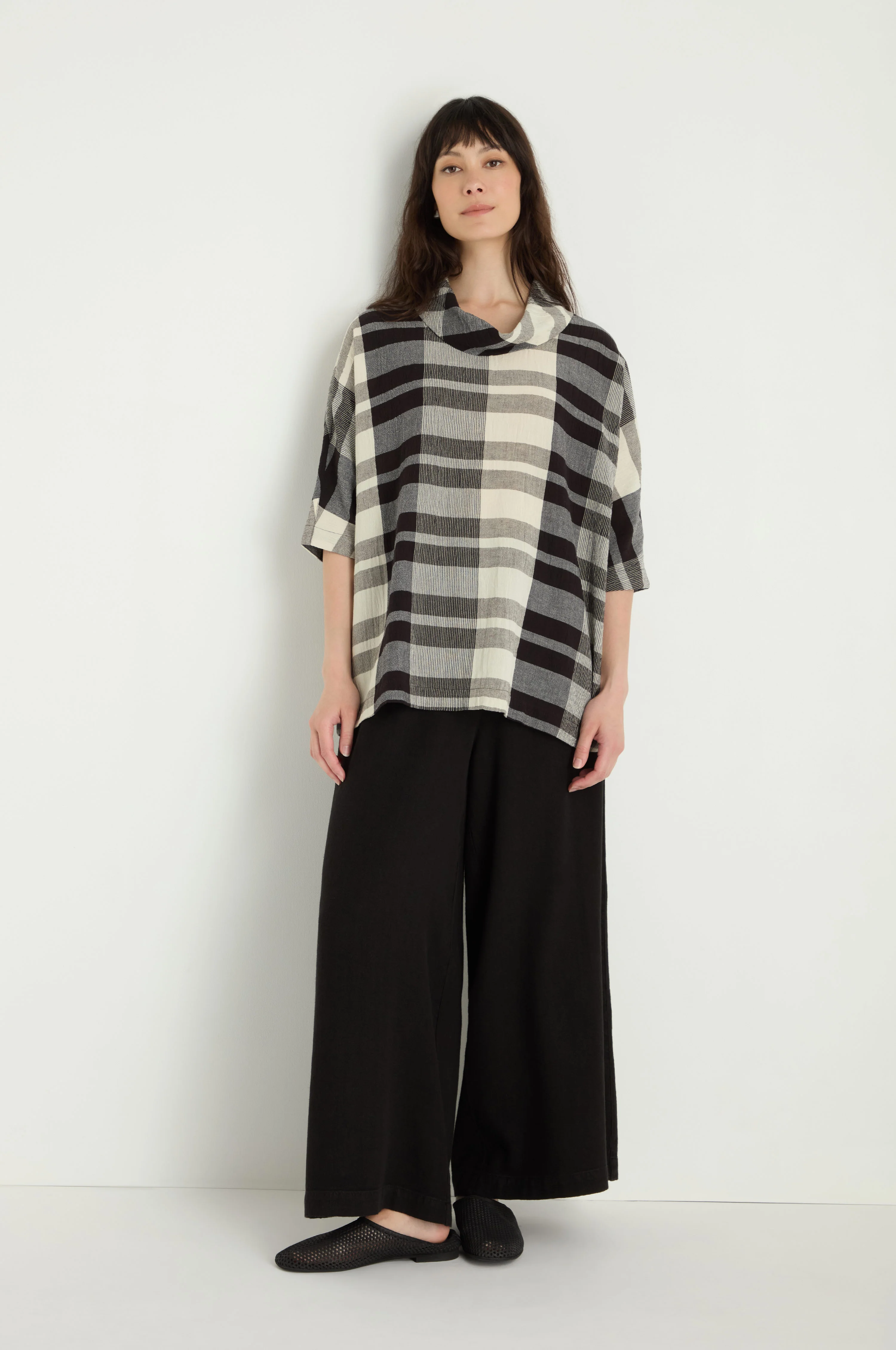 Monochrome Crinkle Check Cowl Neck Top - Image 3