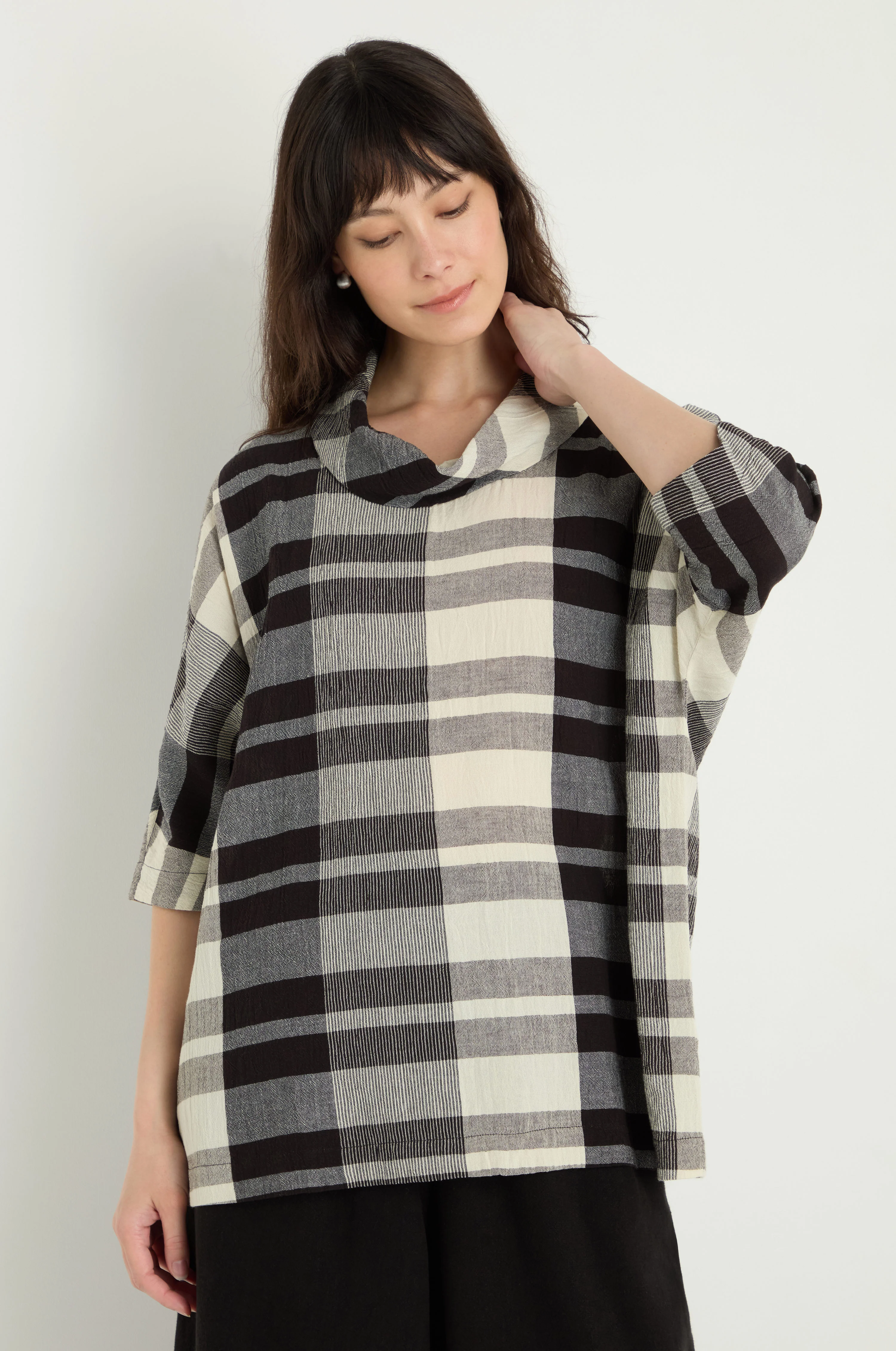 Monochrome Crinkle Check Cowl Neck Top - Image 5