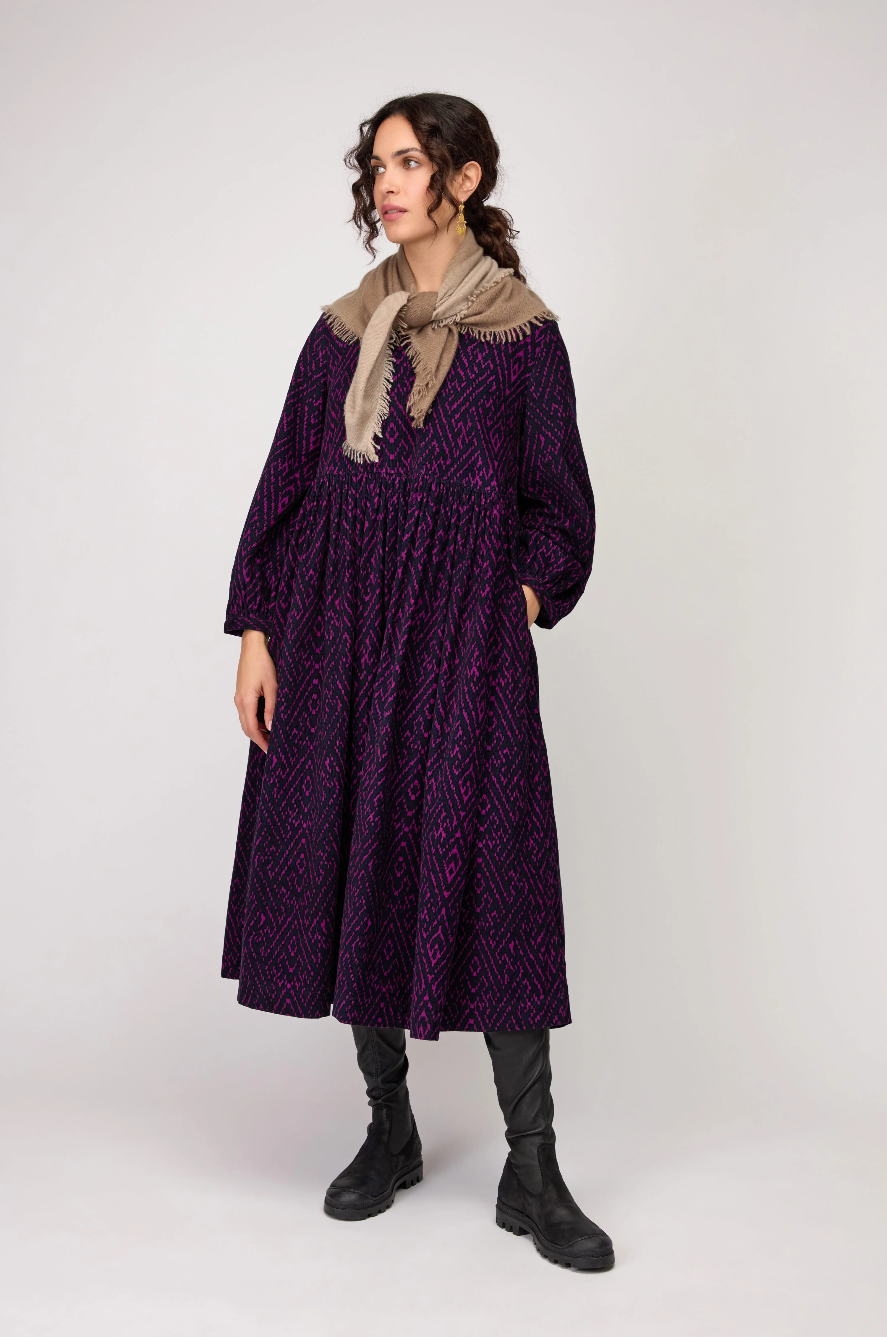 Ornate Textured Plum Cord Dress - Image 4