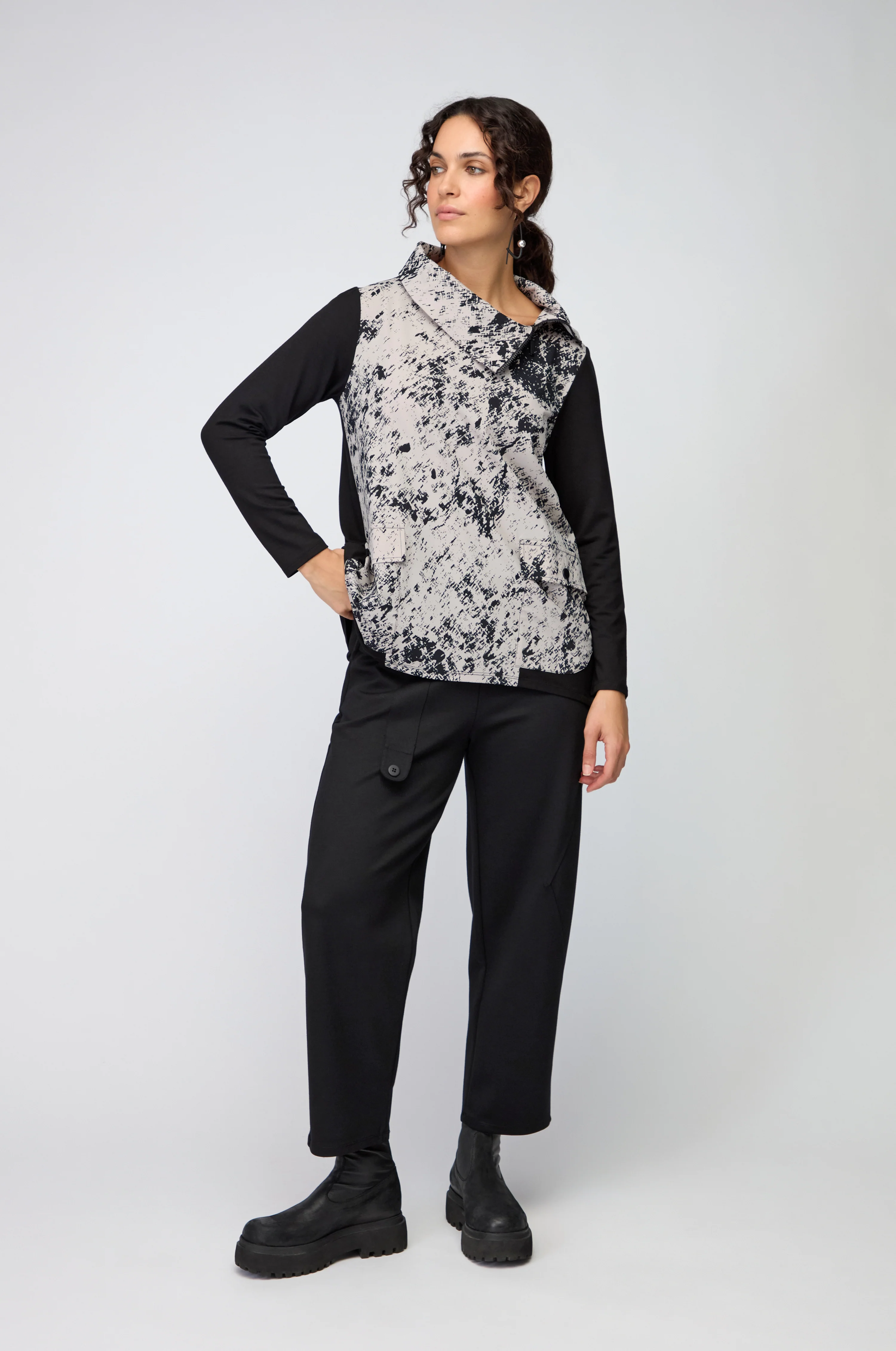 Print Front Zip Collar Top - Image 2