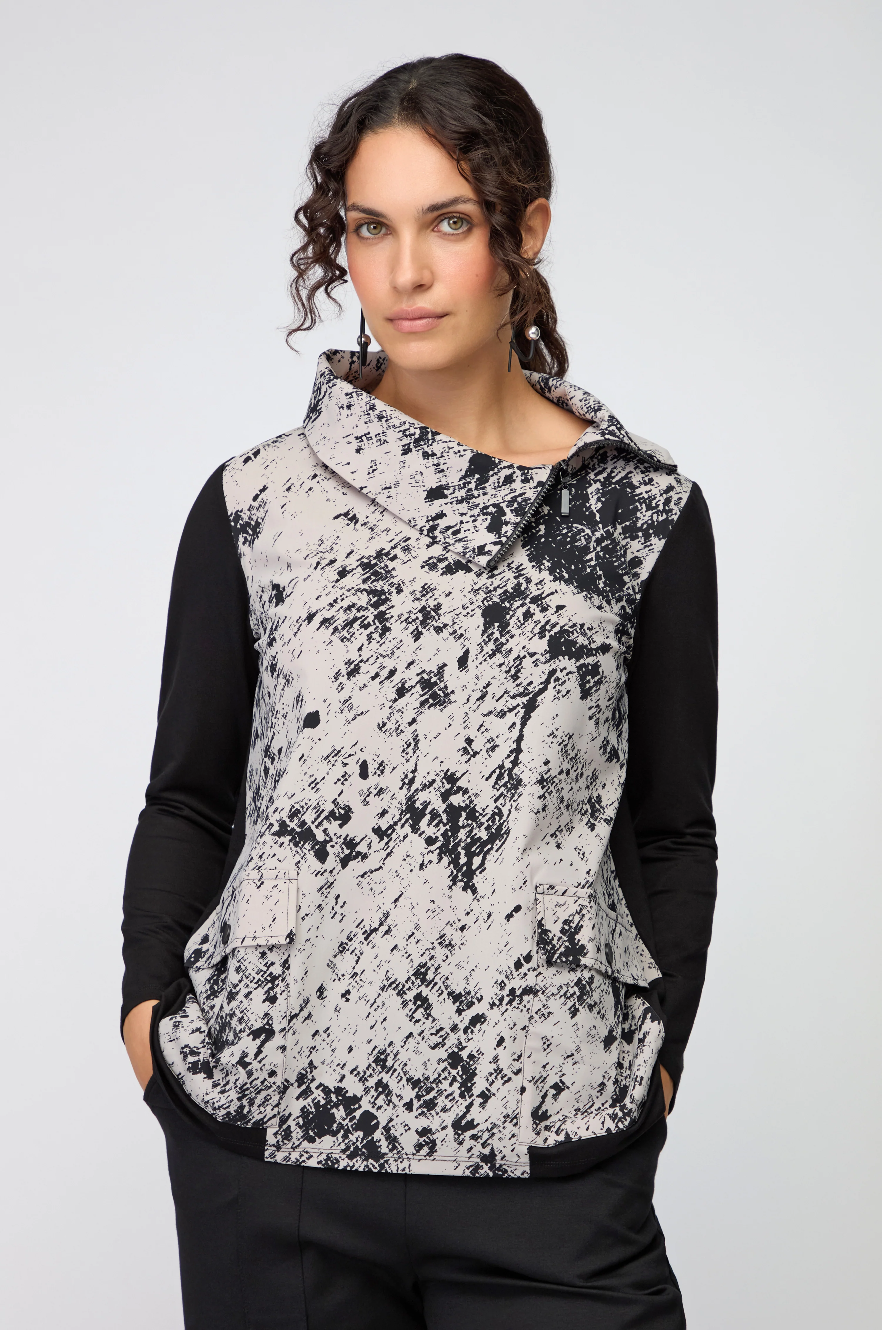 Print Front Zip Collar Top - Image 3