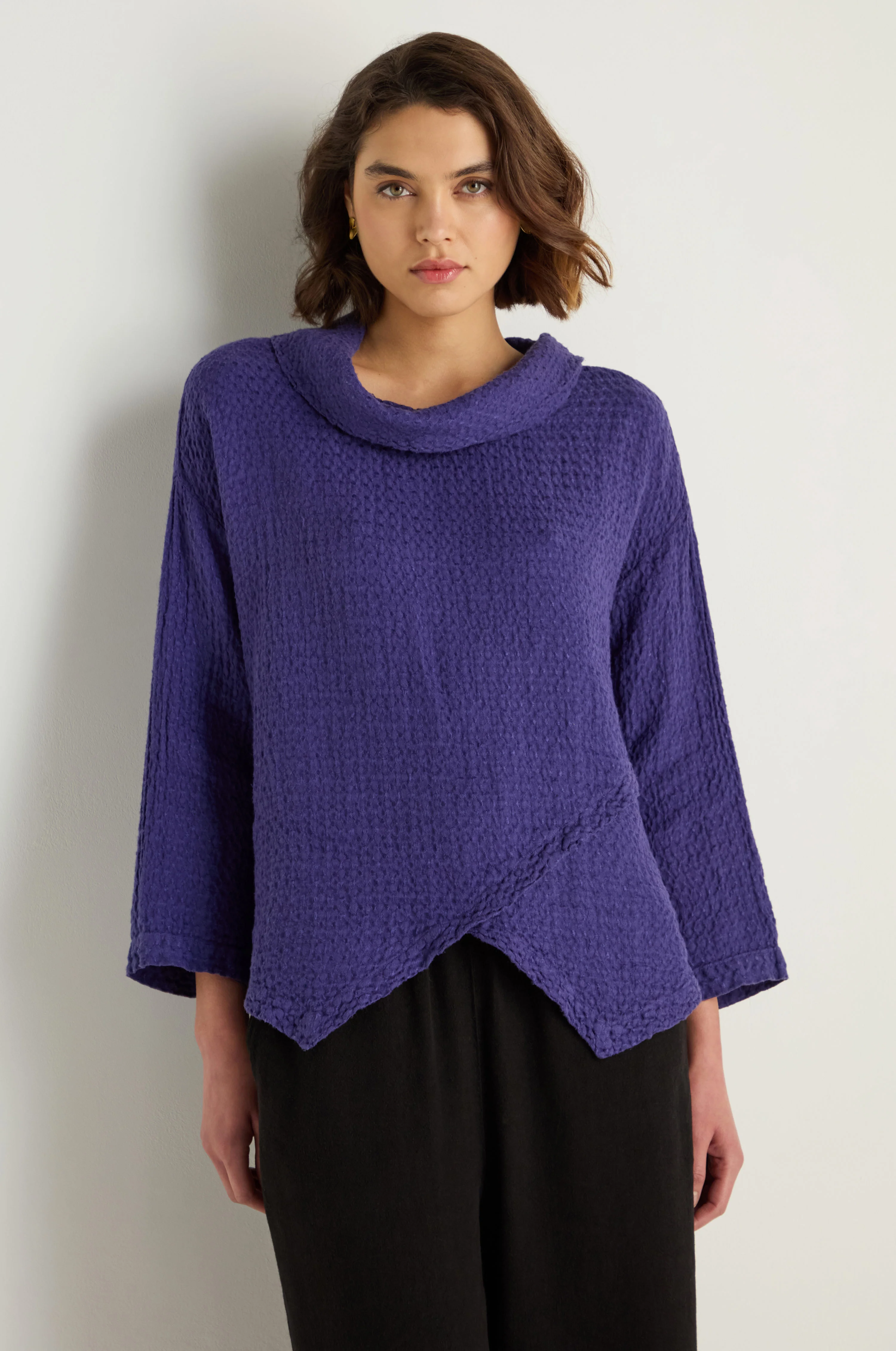Waffle Linen Blueberry Boxy Cowl Neck Top - Image 2